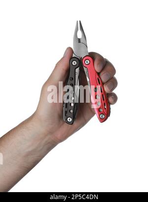 Man holding multitool on white background, closeup Stock Photo