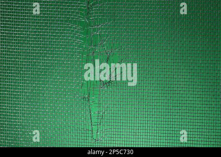 Torn window screen against green background, closeup Stock Photo