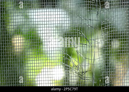 Torn window screen against blurred background, closeup Stock Photo