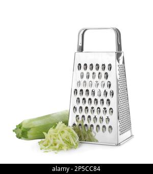 Stainless steel grater and fresh squash on white background Stock Photo