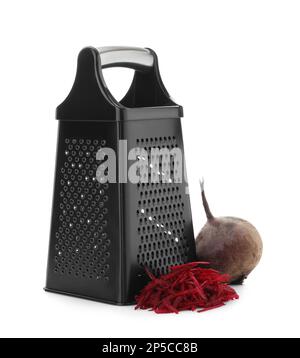 Stainless steel grater and fresh beetroot on white background Stock Photo