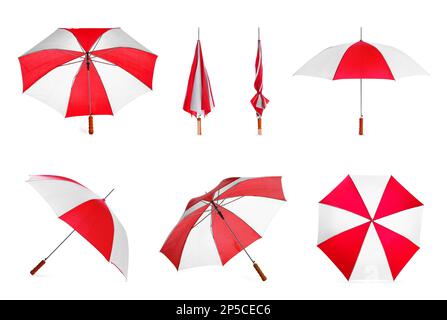 Set with stylish umbrellas on white background Stock Photo
