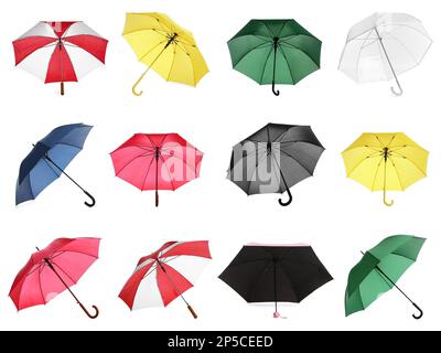 Set with different stylish umbrellas on white background Stock Photo