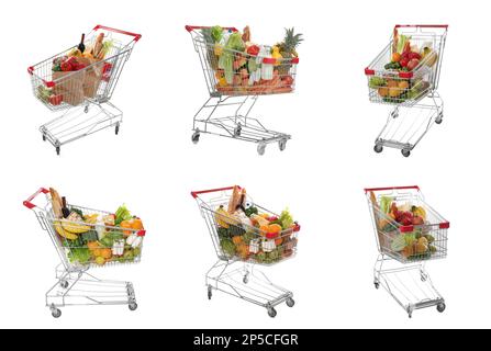 Set with shopping carts full of groceries on white background Stock ...