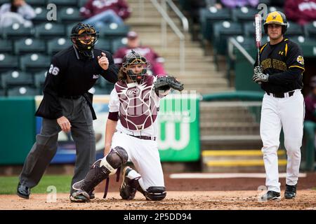 Luke Voit #30 of the Missouri State Bears follows through his swing after  making contact on a pitch during a game against the Wichita State Shockers  at Hammons Field on May 5