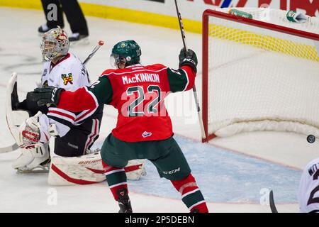 Halifax Mooseheads centre Nathan MacKinnon celebrates his goal against the  Portland Winterhawks during the first period of Memorial Cup final hockey  game action in Saskatoon, Saskatchewan, on Sunday, May 26, 2013. (AP