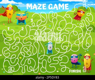 Labyrinth maze. Cartoon cheerful superhero vitamin characters. Search path, find way puzzle or kids labyrinth vector worksheet with B, N, D and C, P m Stock Vector