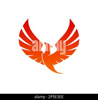 Phoenix bird with raised wings of red fire flames. Vector flying fenix or phoenix, fantasy firebird with flaming feathers and wings. Abstract burning Stock Vector