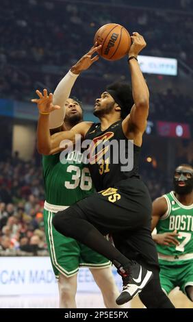 Cleveland, United States. 06th Mar, 2023. Boston Celtics guard Marcus Smart (36) blocks the shot of Cleveland Cavaliers center Jarrett Allen (31) at Rocket Mortgage FieldHouse in Cleveland, Ohio on Monday, March 6, 2023. Photo by Aaron Josefczyk/UPI Credit: UPI/Alamy Live News Stock Photo