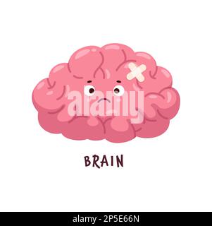 Brain sick, body organ character injured or unhealthy, cartoon vector personage. Human brain with face in pain, headache or mental disease, migraine a Stock Vector
