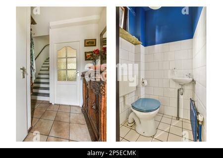 Amsterdam, Netherlands - 10 April, 2021: a bathroom before and after it was painted white with blue trim on the walls, while the tile is still in place Stock Photo