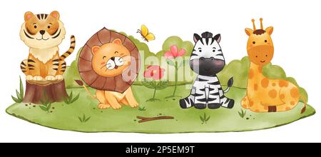 Realistic watercolor paint of wildlife animals on grassland . Cartoon character design . Isolated . Vector . Stock Vector