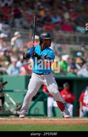 Miami Marlins' Jean Segura bats during the fifth inning of a baseball game  against the Cleveland Guardians, Sunday, April 23, 2023, in Cleveland. (AP  Photo/Nick Cammett Stock Photo - Alamy