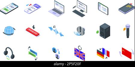 Translator app icons set isometric vector. Service app. Mobile site Stock Vector
