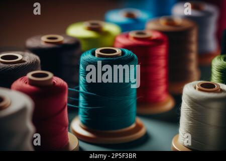 Different colorful sewing threads on wooden table, closeup Stock Photo