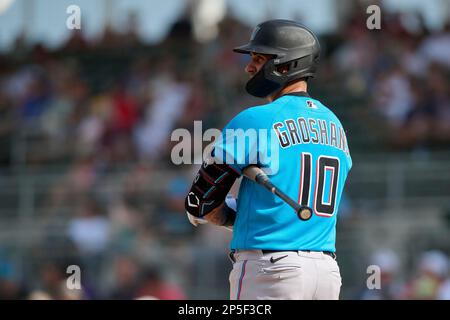 Jordan Groshans of the Miami Marlins walks off the field between News  Photo - Getty Images