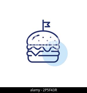 Craft burger with flag on a stick. Dining out or delivery. Pixel perfect, editable stroke line icon Stock Vector