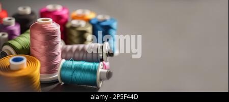 Different colorful sewing threads on wooden table, closeup Stock Photo