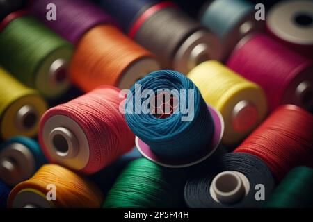 Different colorful sewing threads on wooden table, closeup Stock Photo