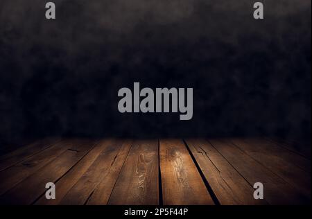 empty wooden table with smoke float up on dark background Stock Photo