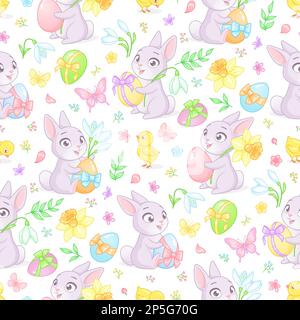 Easter seamless vector pattern with cute bunnies, chicks, eggs, spring flowers and butterflies. Stock Vector