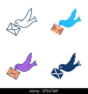 Bird carrying an envelope icon set. Dove with a mail, homing pigeon symbol. Vector illustration. Stock Vector