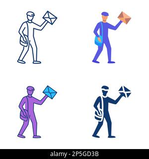 Postman with letter icon set in flat and line style. Mail carrier symbol. Vector illustration. Stock Vector