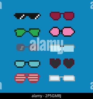 Pixelart eyeglass frame or sunglasses with pixelated glasses. Pixel art set of glasses and sunglasses. 8-bit pixel art vector, isolated on solid Stock Vector