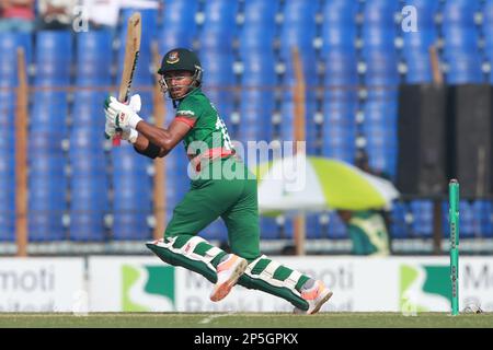 Afif Hossain bats during the Bangladesh-England 3rd One Day International match at Zahur Ahmed Chowdhury stadium, Sagorika, Chattogram, Bangladesh. Stock Photo