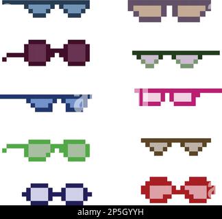 Pixelart eyeglass frame or sunglasses with pixelated glasses. Pixel art set of glasses and sunglasses. 8-bit pixel art vector, isolated on solid Stock Vector