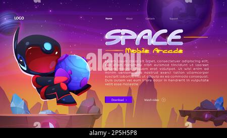 Astronaut in space on alien planet landscape, mobile arcade landing page. Cosmos background with flying cute cosmonaut in black spacesuit and helmet holding globe, vector cartoon illustration Stock Vector