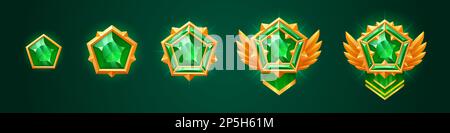 Cartoon set of emerald game rank badges isolated on background. Vector illustration of shiny pentagonal medal with green gemstone decorated with golden frame, wings, silk ribbons. Gui design element Stock Vector