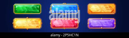 Game buttons from gems and gold frames. Ui interface elements, cute colored crystal banners with golden medieval borders, vector cartoon set isolated on background Stock Vector