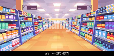 Aisle in grocery store and shelves with food vector background. Supermarket interior background perspective view. Merchandise in hypermarket with display shelf full of products to buy. Stock Vector