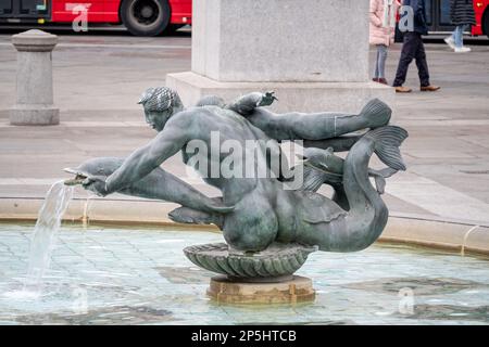 London, UK - March 12, 2023: Fountain at Trafalgar Square, London, UK Stock Photo