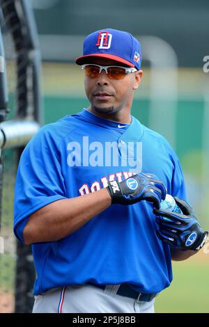 MIAMI, FL - MARCH 11: Dominican Republic outfielder Starling Marte (6) and  Dominican Republic outfielder Nelson Cruz (23) on a fielding error in  center field on a long ball by United States