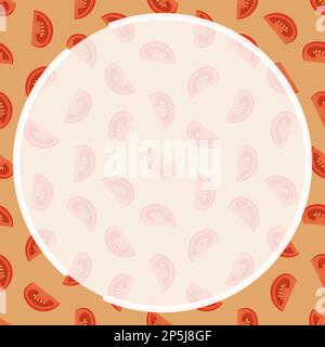 Round frame on background of seamless pattern with sliced tomato. Tomato wedges and slices for salad. Ornament for social network page decoration. Des Stock Vector