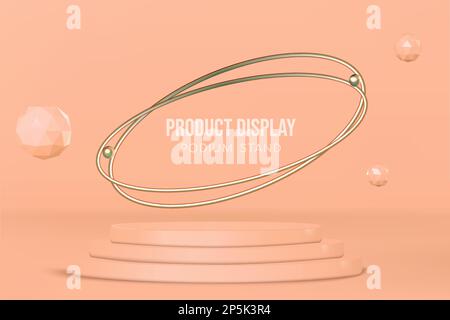 Beige pink podium stand display scene with golden rings and icospheres vector Stock Vector
