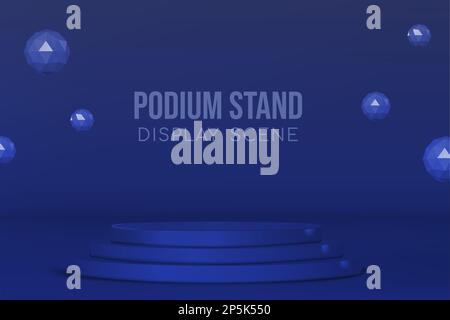 Podium stand display scene with golden rings and icospheres dark mode vector Stock Vector