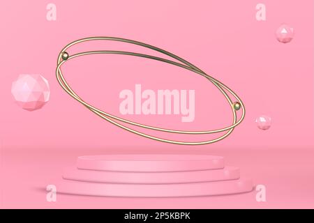 Podium stand product show case with golden rings and icospheres vector Stock Vector