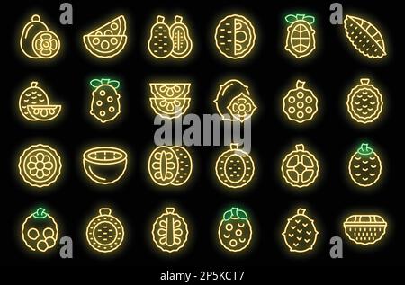Jackfruit icons set outline vector. Vegan peeled. Tropical fruit neon color on black Stock Vector