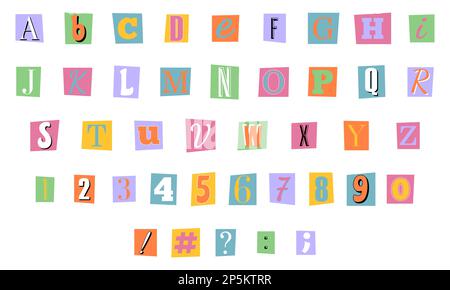 Anonymous criminal letters, numbers and punctuation cut from magazines. Clipping alphabet in trendy 90s, 00s psychedelic style. Y2K aesthetic Stock Vector