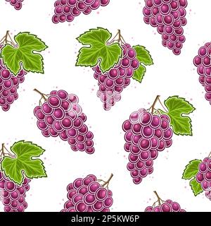 Vector Grapes Seamless Pattern, square repeating background with cut out illustration of fresh grape bunches with green leaves for wrapping paper, gro Stock Vector