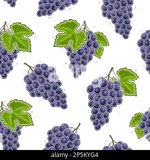Vector Grapes Seamless Pattern, square repeating background with cut out illustration of ripe grape bunches with green leaves for wrapping paper, grou Stock Vector
