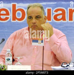 International Federation of Associated Wrestling Styles FILA Interim President Nenad Lalovic of Serbia takes part in a FILA executive committee meeting in Phuket Thailand Sunday Feb. 17 2013. FILA Pre...