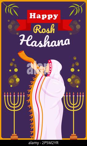 Happy Rosh Hashanah, Jewish man blowing traditional Shofar Stock Vector