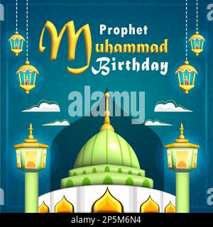 Prophet Muhammad Birthday,3d illustration, glowing green mosque Stock Vector