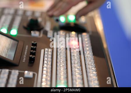 Professional video production switcher close up. Selective focus. Stock Photo