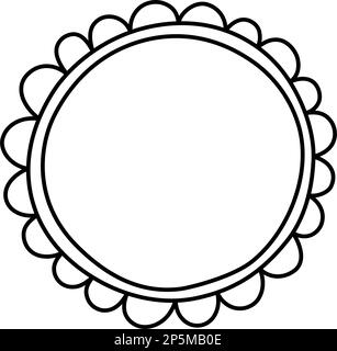 Doodle circle scalloped frame. Hand drawn scalloped edge ellipse shape. Simple round label form. Flower silhouette lace frame. Vector illustration Stock Vector