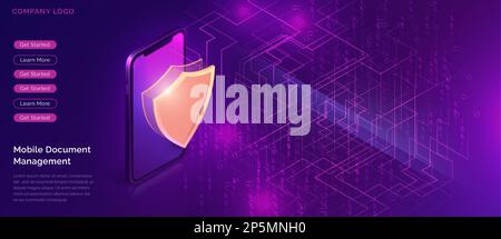 Data protection concept, online security guarantee, isometric vector. Smartphone, golden shield guards personal information on its screen, purple background with digital data stream, landing web page Stock Vector